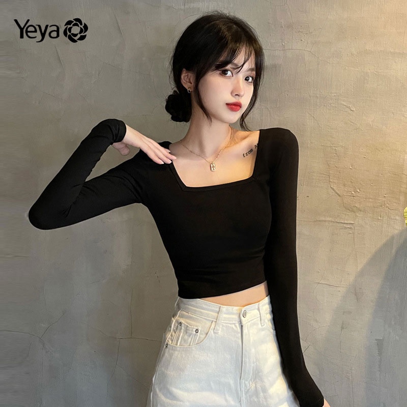 Áo thun YEYA cổ vuông dài tay hở rốn dáng ôm thời trang cho nữ