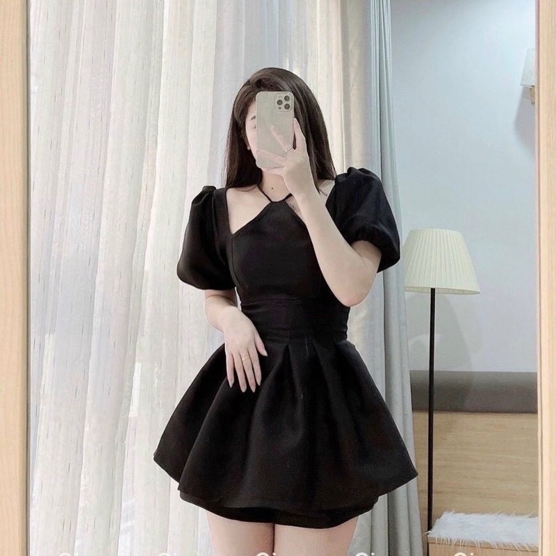 VIBES Set áo pelum đen cổ yếm + quần short