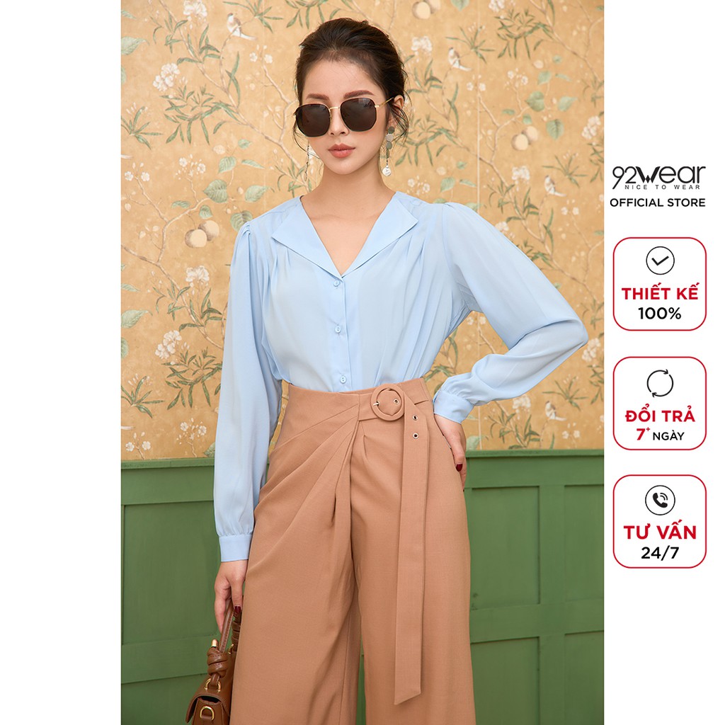 Áo sơ mi nữ 92WEAR áo dài tay cổ bẻ form rộng basic thanh lịch ASA1762