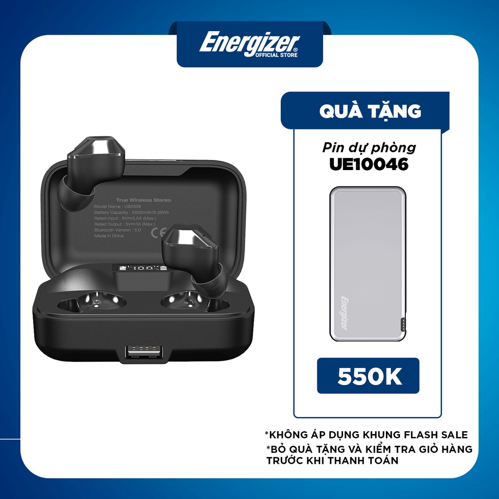 Tai nghe True Wireless Energizer UB2609 - Bluetooth V5.0, tích hợp sạc dự phòng 2600mAh, kháng nước IPX4-Hàng Chính Hãng