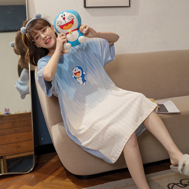 [Hàng Sẵn] Váy ngủ mùa hè Thân thiện với da đầu gối Dài tay dệt kim Cotton Váy ngủ dành cho nữ 【Wyoming060】