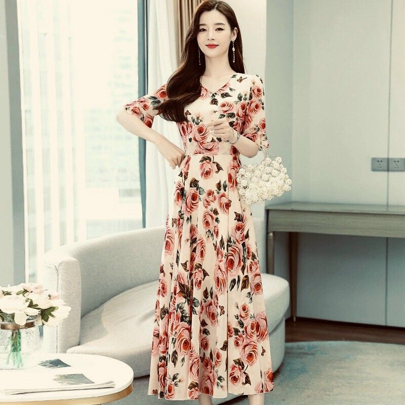 ĐẦM XÒE MAXI HOA HỒNG TAY BÈO Lh0917399527