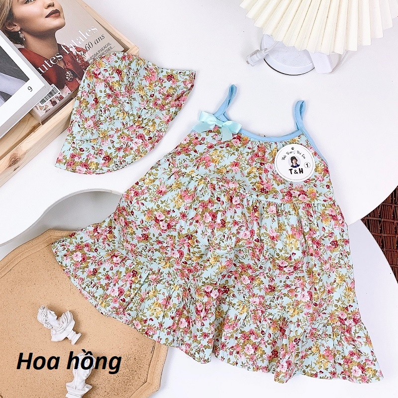 Váy bé gái 2 dây hoa nhí kèm mũ đội đầu XHN944