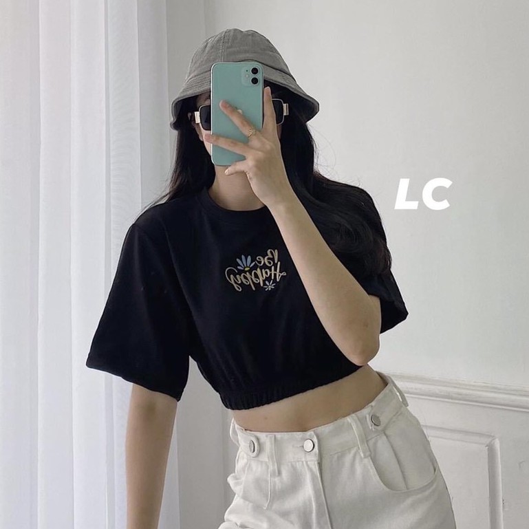 Áo Croptop Cộc Tay Chun Eo BE HAPPY Nữ - Rere.Store [FREESHIP] - Thun hở bụng dáng ôm màu đen basic họa tiết dễ thương