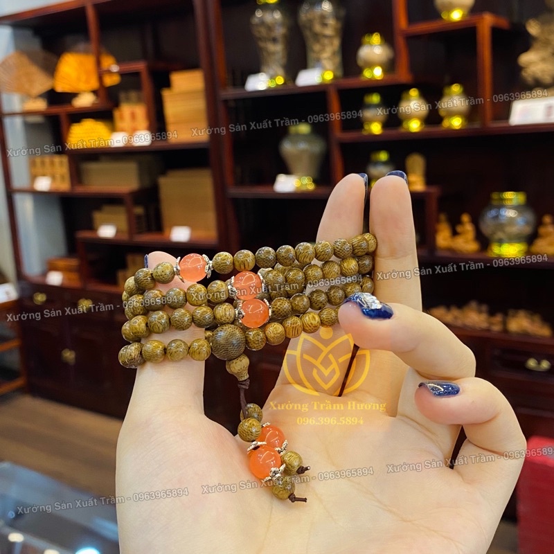 Chuỗi Trầm Hương Tốc 108 hạt + Đá Ngũ Bảo - Vòng Tay Gỗ tự nhiên Nam Nữ - Dây Tràng Trợ Mệnh