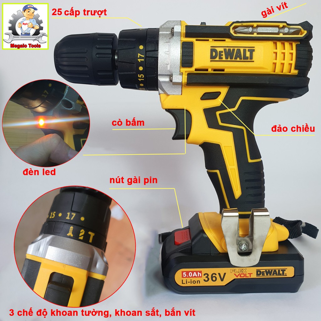 Máy khoan pin Dewalt 36V (LOẠI I), khoan tường khoan bê tông,khoan sắt 3 chức năng, model DCD771