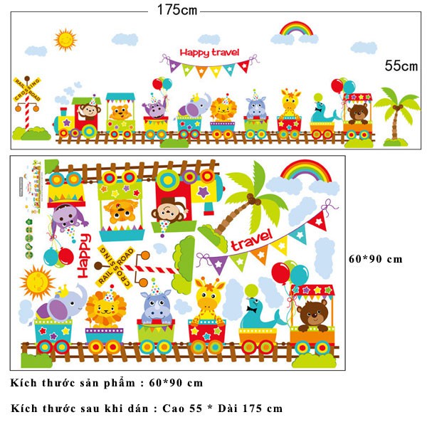 Tranh decal, decal dán tường trang trí phòng cho bé bầy thú đi trên đoàn tàu vui vẻ TE16