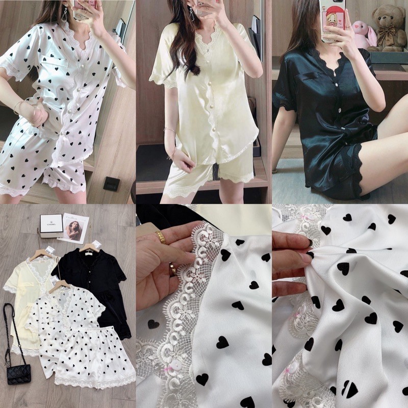 Bộ ngủ cộc tay pijama pha ren set bộ mặc nhà