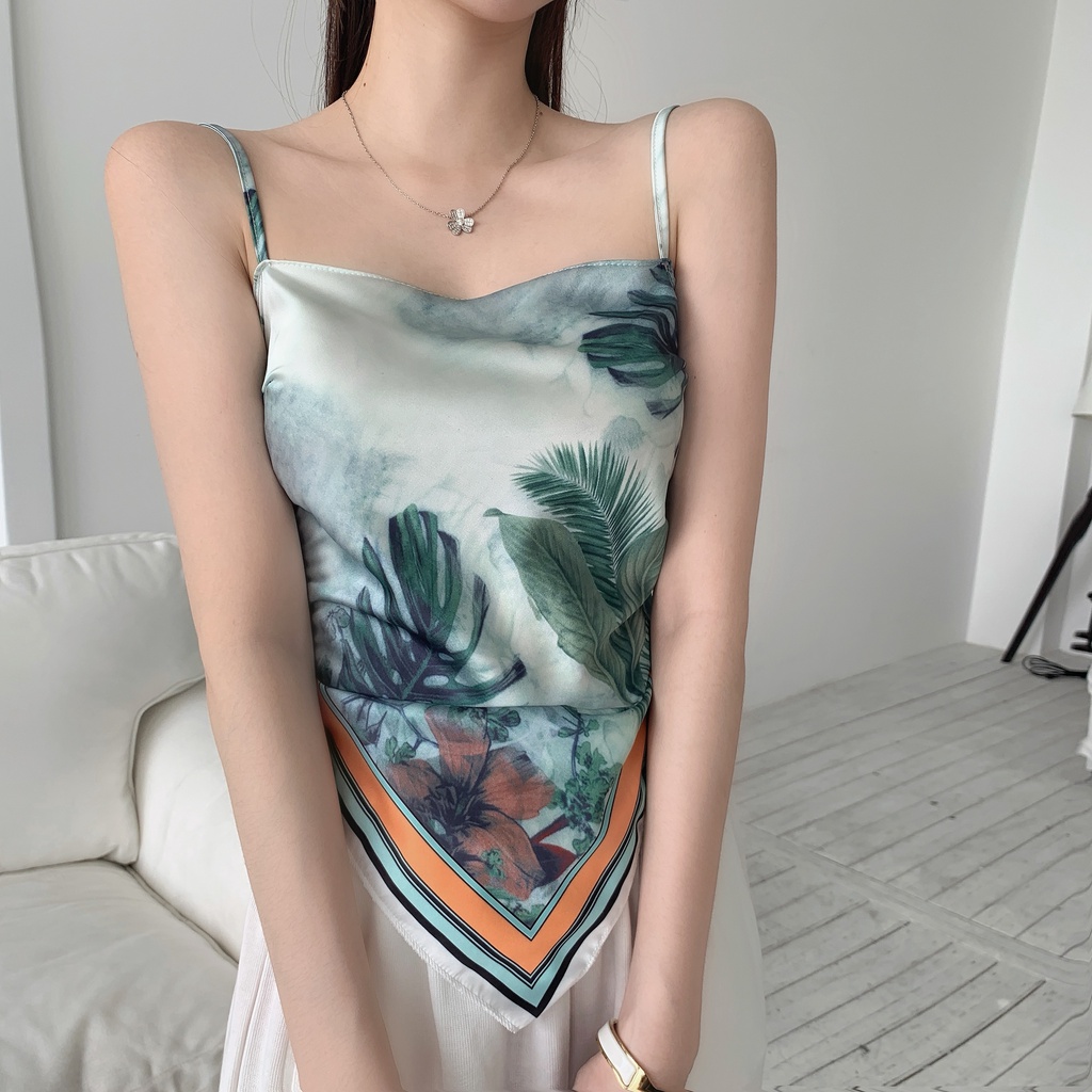 Áo croptop khăn lụa cột nơ hoa văn xanh HAC130 Hỉn Hỉn Store