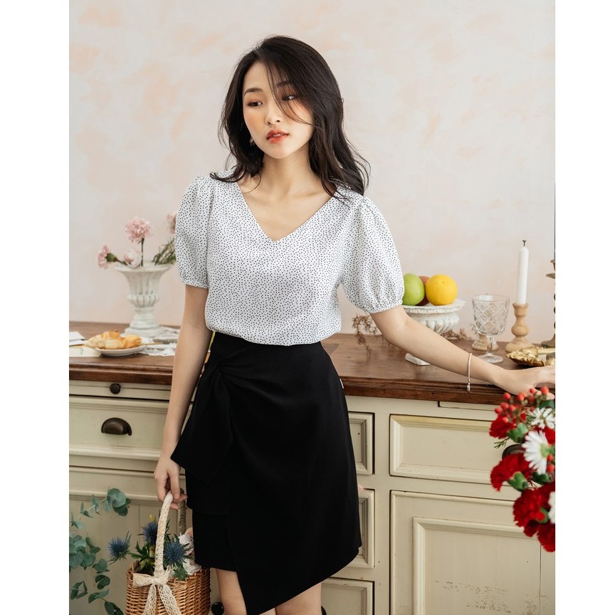 Áo nữ cổ tim chấm bi Mosohali suông buộc eo nơ thời trang công sở