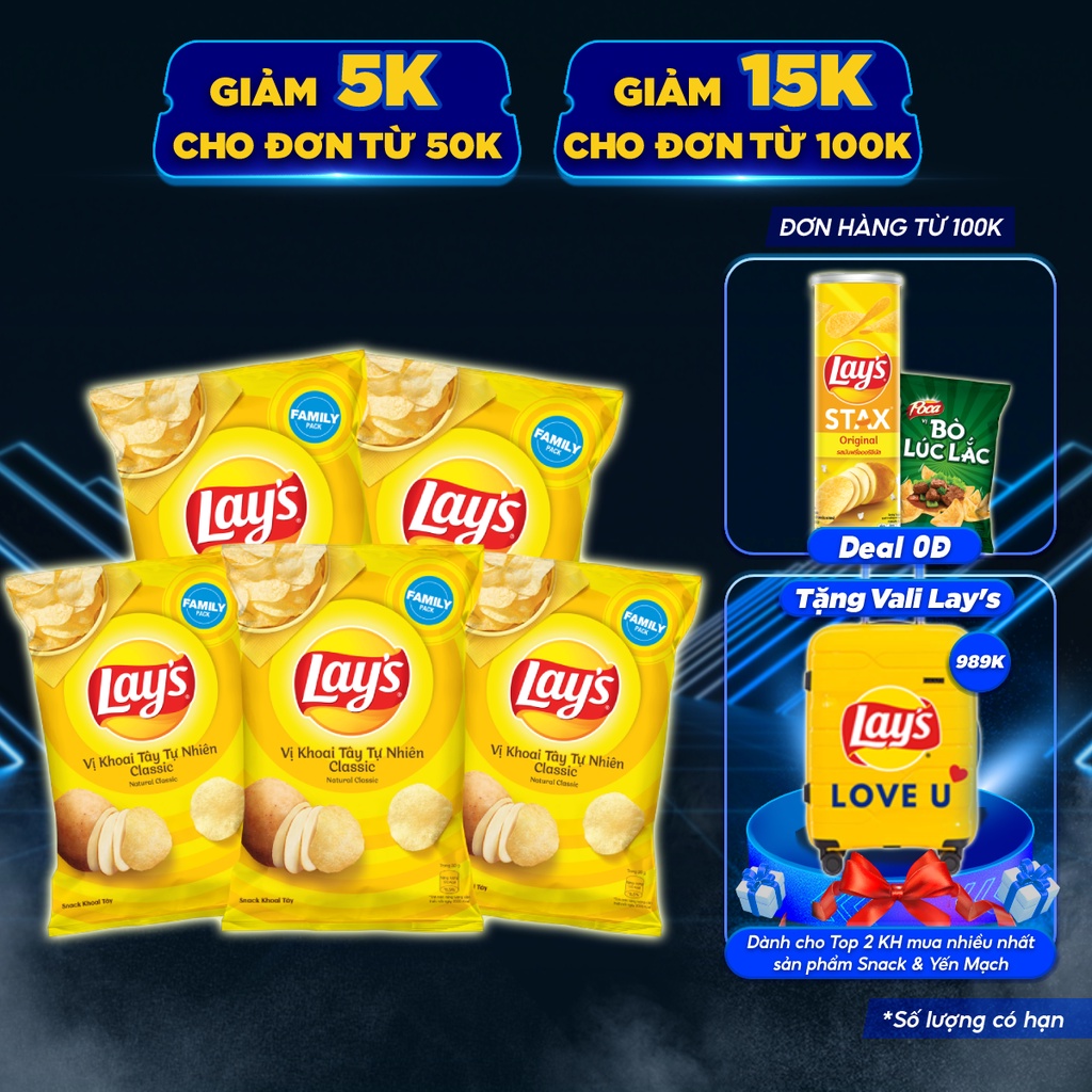 Combo 5 gói Snack Khoai Tây Lay's vị Khoai Tây Tự Nhiên 150g/gói