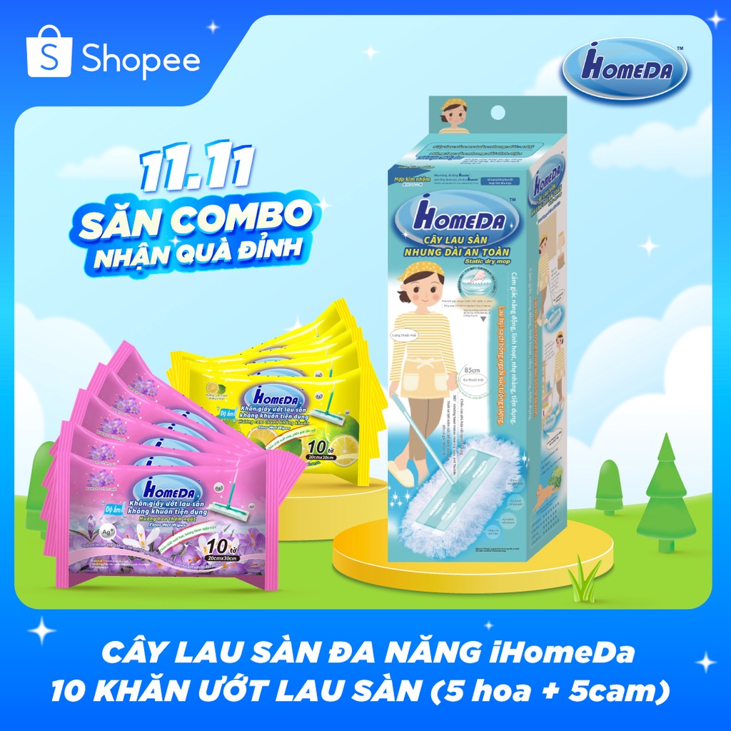 Combo 1 Bộ Cây Lau Sàn Đa Năng iHomeDa & 5 + 5 Khăn ướt lau sàn kháng khuẩn tiện dụng iHomeDa (Hương Cam & Hương Hoa)