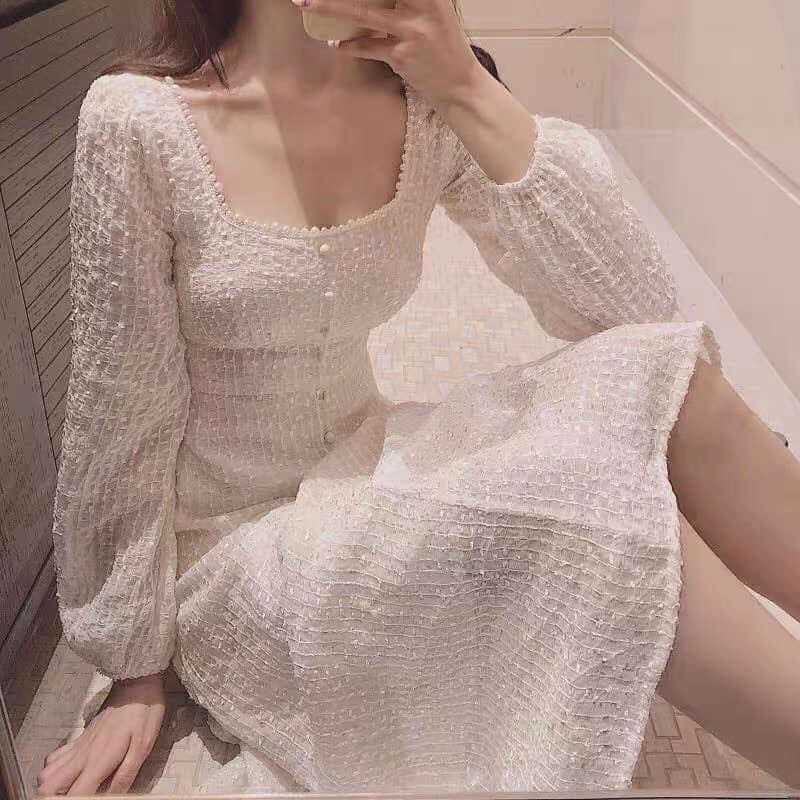 ⚡️BÁN SỈ⚡️Đầm xoè cổ vuông cúc ngọc ren 2 lớp