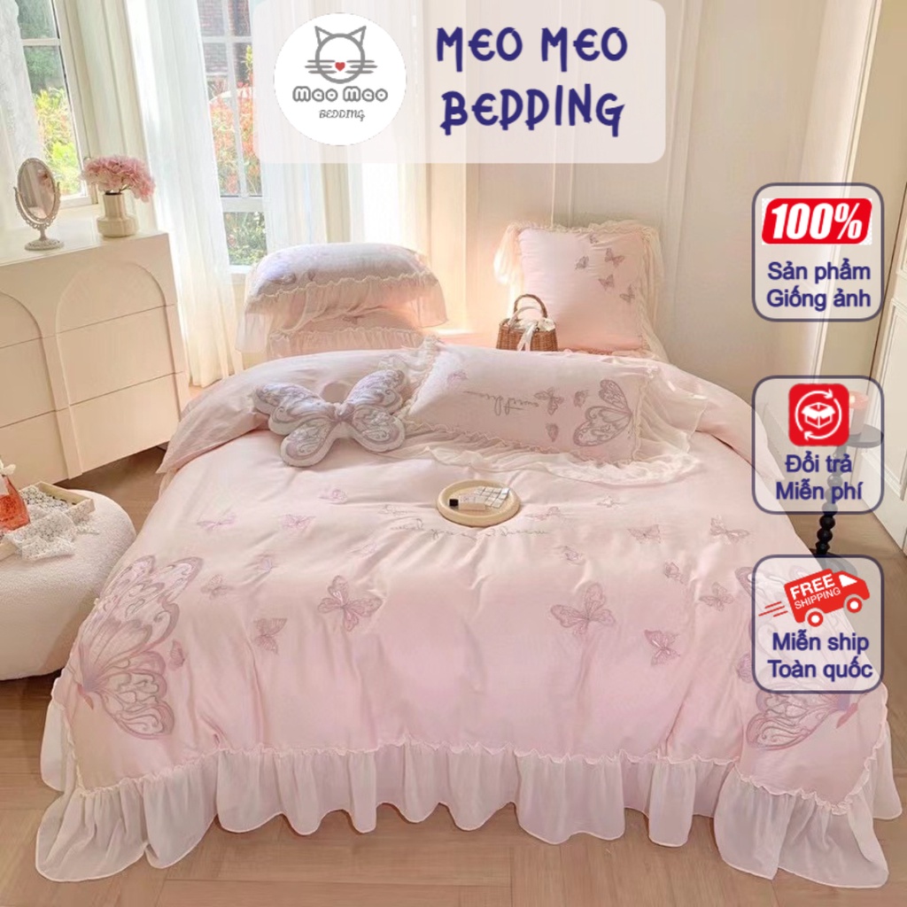 Bộ 4 Món Chăn Ga Gối Lụa 100s Butterfly Họa Tiết Thêu Nhập Khẩu Cao Cấp - Meo Meo Bedding - Cotton Sóng