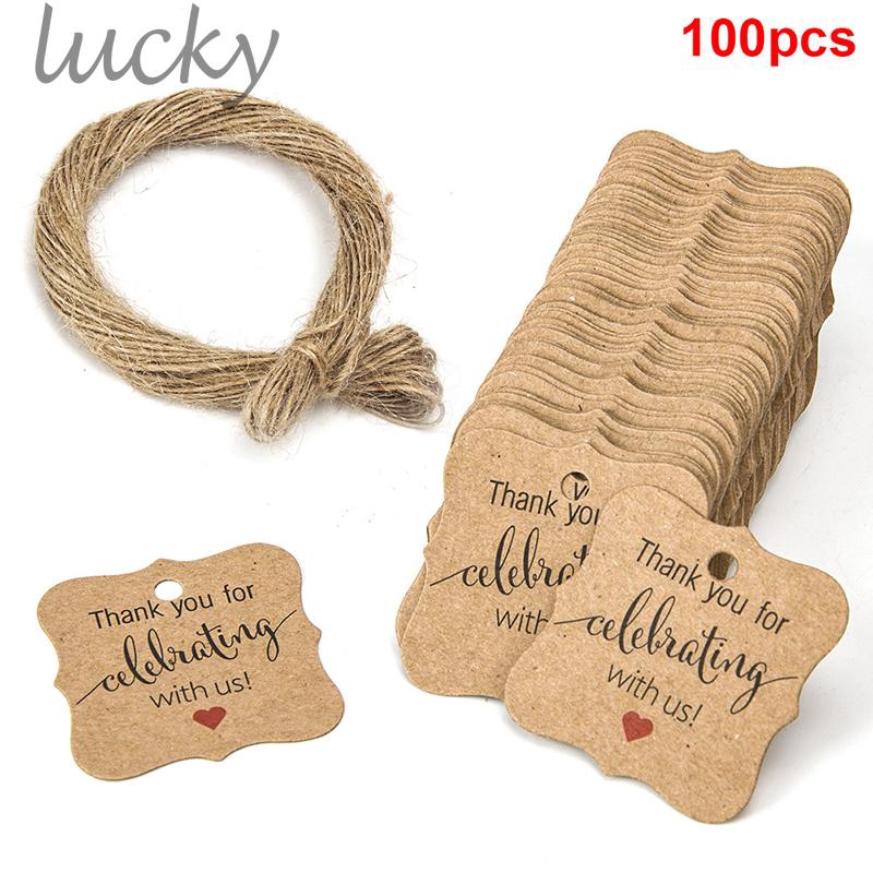 Set 100 nhãn giấy bìa in lời cảm ơn có dây treo dùng trang trí bữa tiệc dễ thương