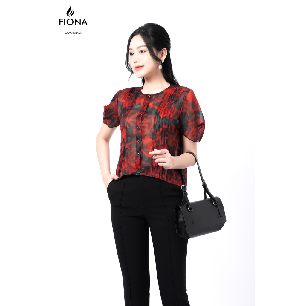 Áo Sơmi cổ tròn Fiona, Sơ mi dáng croptop tay phồng, bấu ly 2 bên ngực F551190