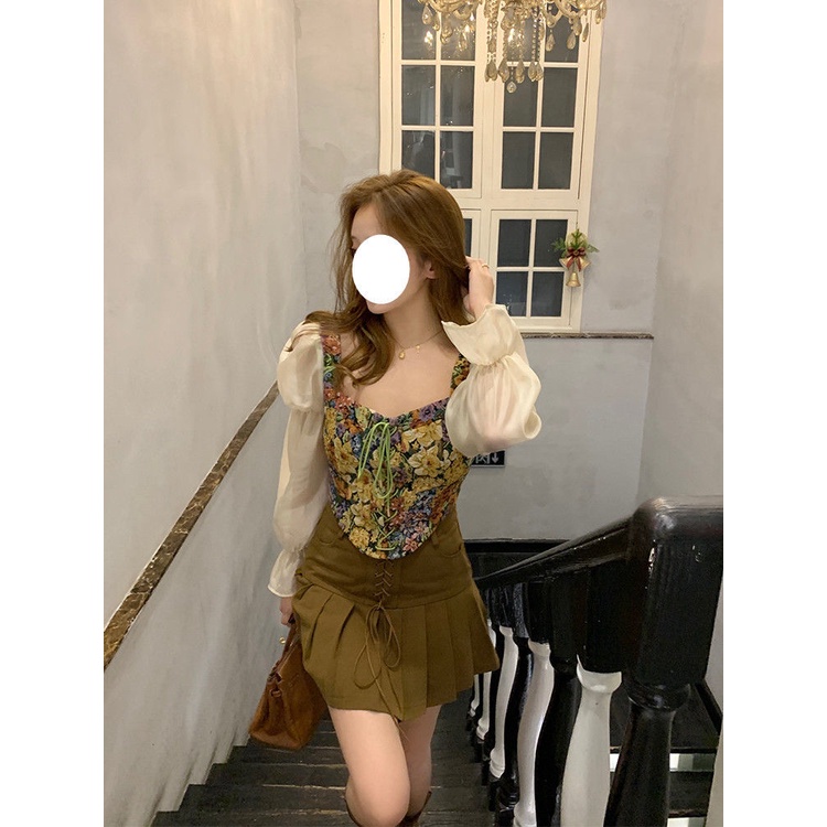 Váy babydoll Áo Sơ Mi Ngắn Cổ Vuông Tay Dài Phồng In Họa Tiết Tranh Sơn Dầu Phong Cách Pháp Cổ Điển Thời Trang Mùa Thu Mới 2022 Dành Cho