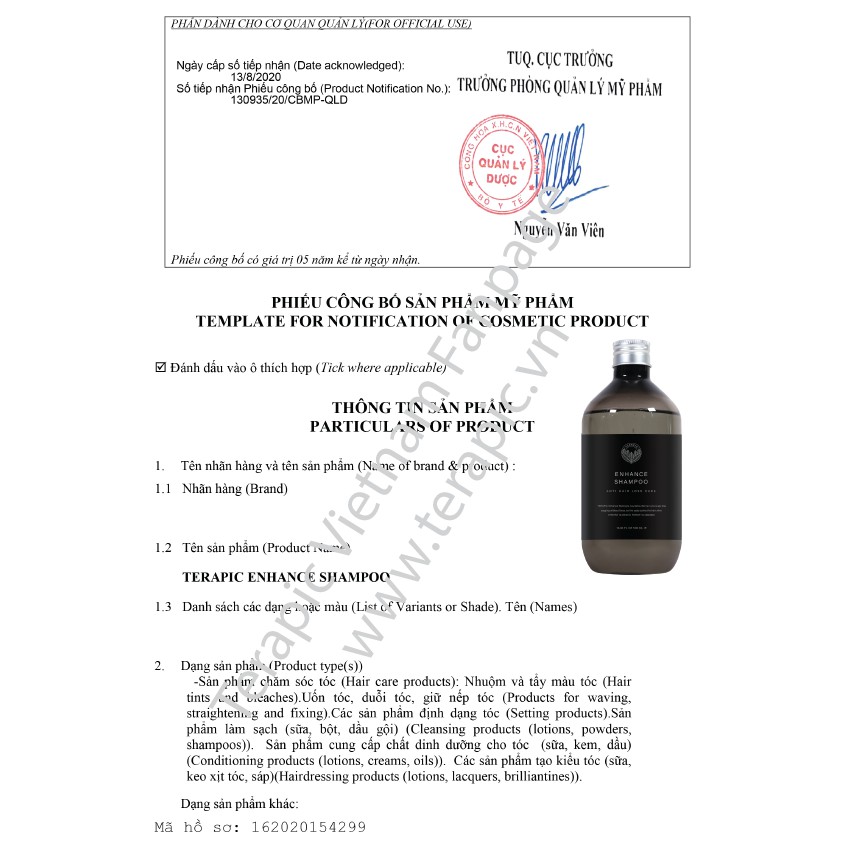 Dầu gội ngăn rụng tóc Enhance shampoo Terapic 500ml | BigBuy360 - bigbuy360.vn