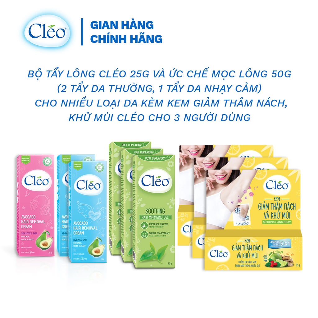 Bộ 2 tẩy lông Cleo da thường và da nhạy cảm 25g và 3 gel dịu da 50g kèm 3 chai kem giảm thâm nách, khử mùi Cleo 35g
