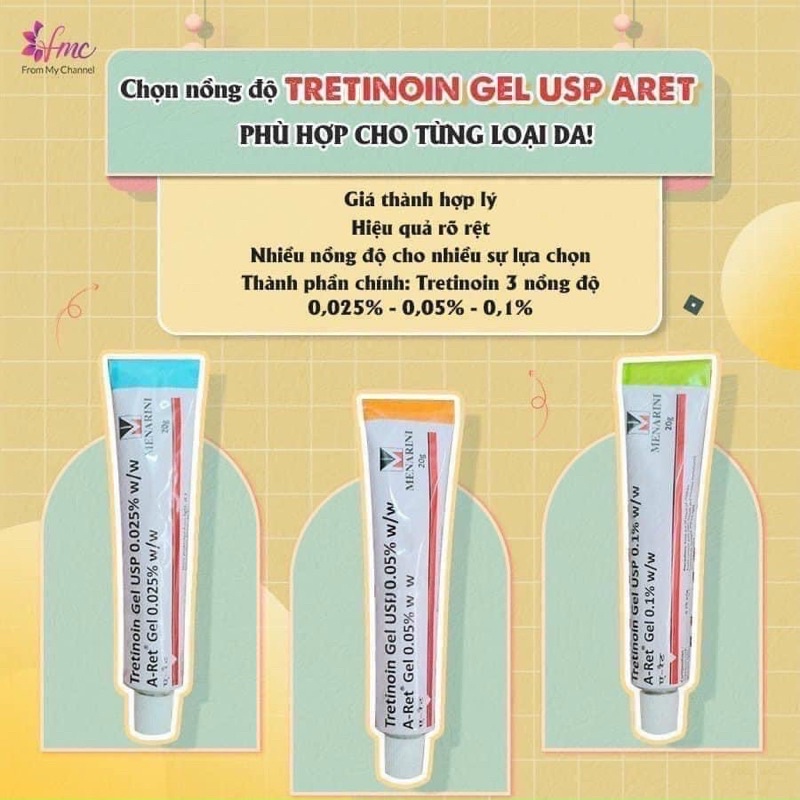 TRETINOIN_ARET_USP  Tretinoin 0.1%, 0.05%, 0.025%, GEL GIẢM MỤN, TRẺ HÓA DA