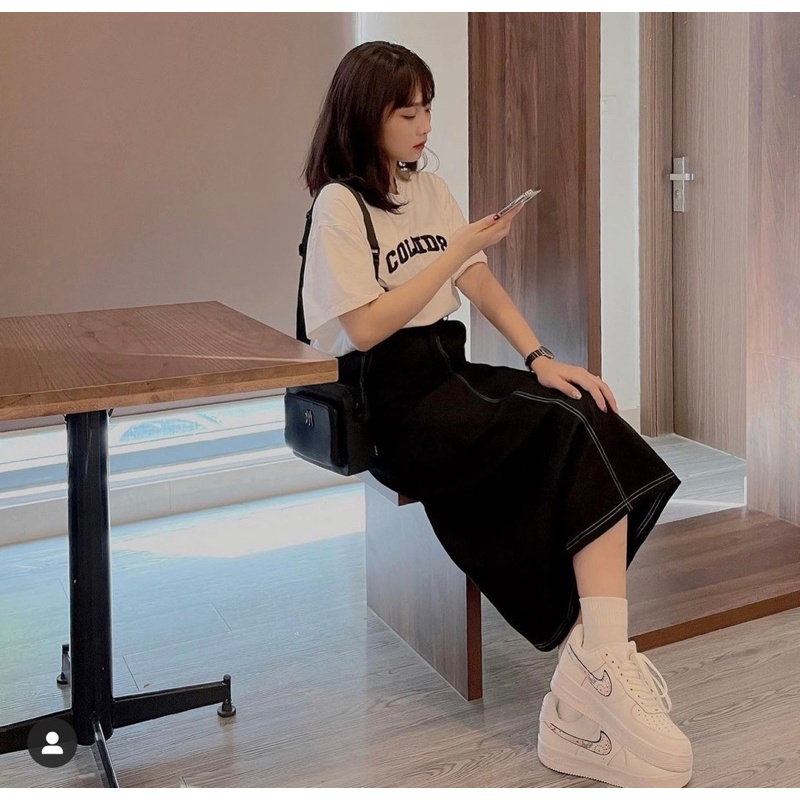 Chân váy dài kaki chỉ nổi hàn quốc xẻ sau vintage qua gối cao cấp đẹp bazic trẻ trung năng động
