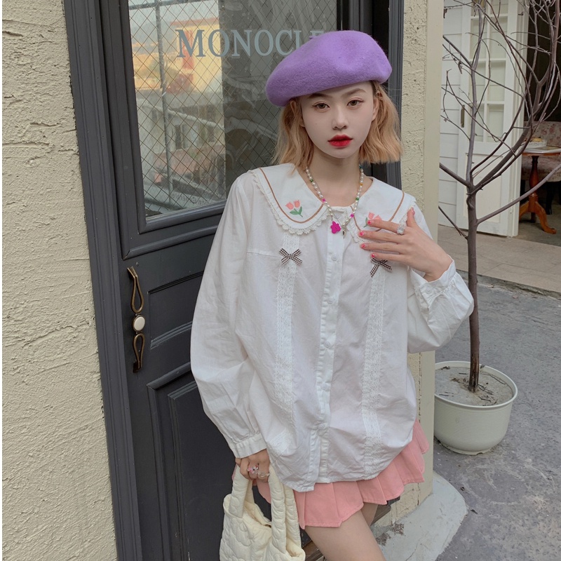 Áo Sơ Mi Nữ Tay Dài Thêu Hoa Thời Trang