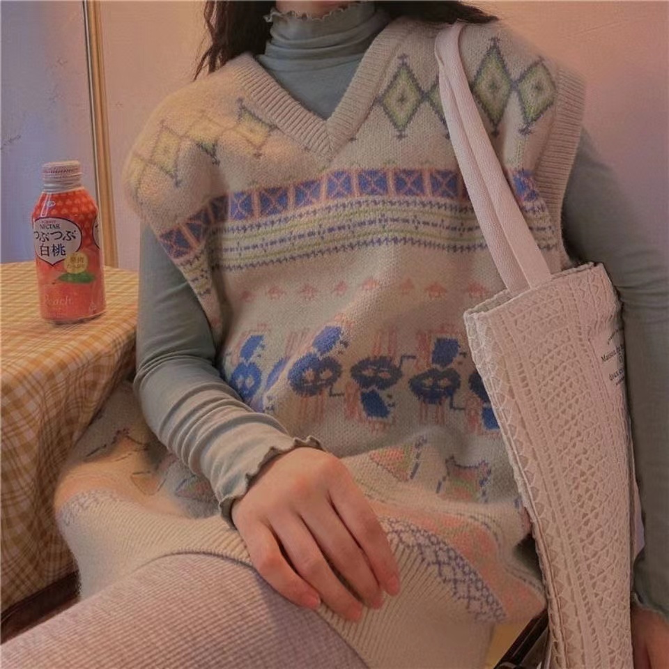 Áo Gile Vintage Print Pattern Loose Knitted Vest