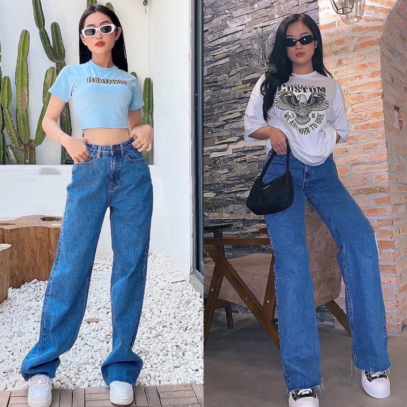 Quần Jeans Suông Ống Rộng Lai Cắt Lưng Cao Dáng Dài