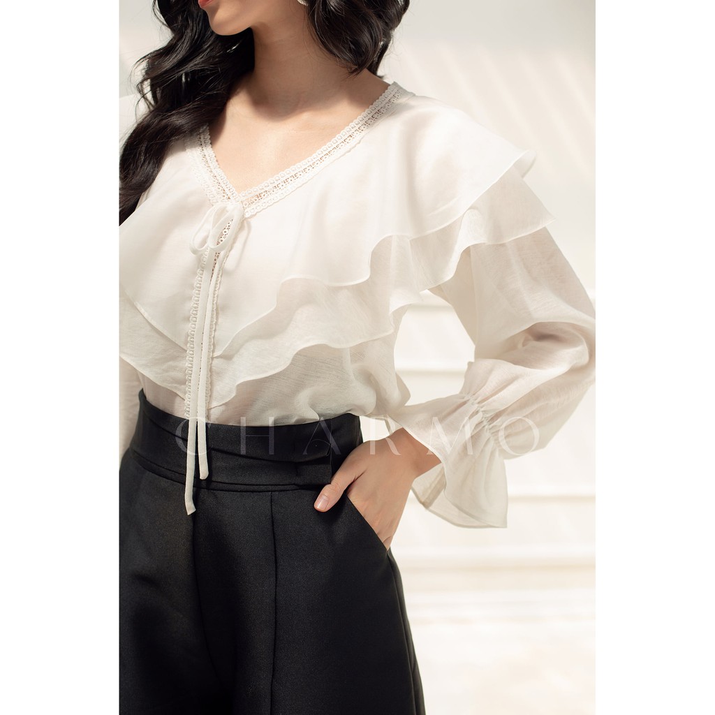 Áo kiểu cổ tim CHARMO vải tơ xước von sang trọng freesize Lily Blouse