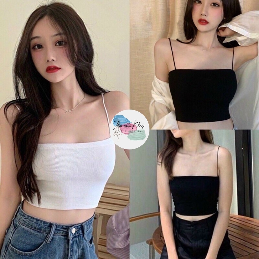 Áo Croptop, Áo 2 Dây Sợi Bún Thun Gân 100% Cotton 2 Màu Đen, Trắng Siêu Đẹp