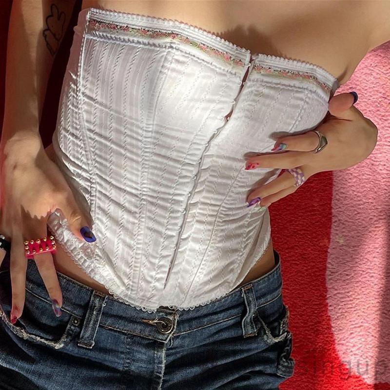 Áo ống dáng ôm trễ vai họa tiết hoa màu trắng size S/ M/ L cho nữ