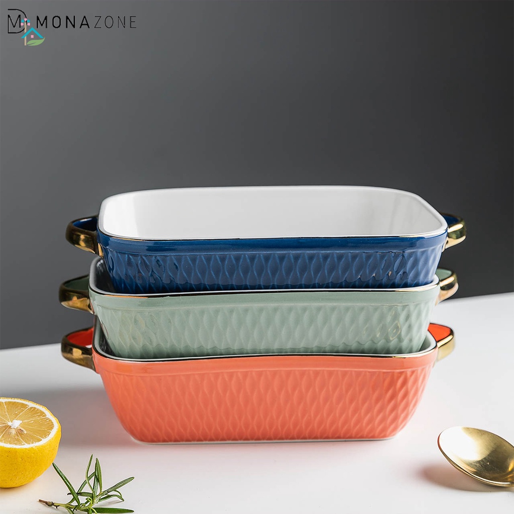 1 Khay Nướng Bánh Hình Oval Viền Vàng Bằng Gốm Sứ Có Tay Cầm