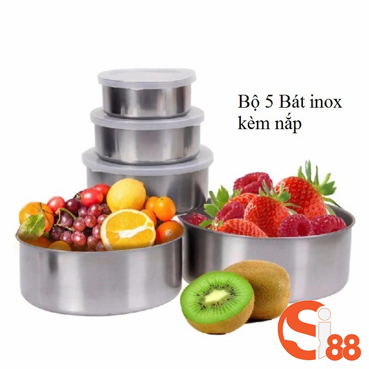 Bộ 5 bát inox có nắp đậy chất liệu, thố inox đựng thức ăn có nắp đậy chống mùi, bộ thố inox cao cấp GD165