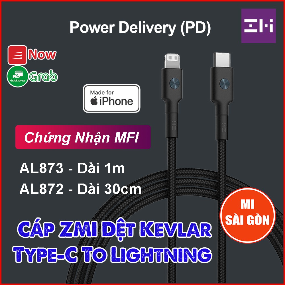 Cáp Type C sang Lightning ZMI Bọc Kevlar (Đen) - AL873 Dài 1m hoặc AL872 Dài 30cm