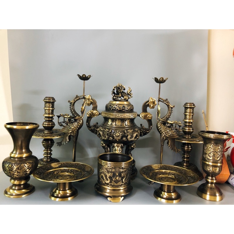 Combo bộ đỉnh thờ Lư thờ rồng bằng đồng nguyên chất cao 50cm
