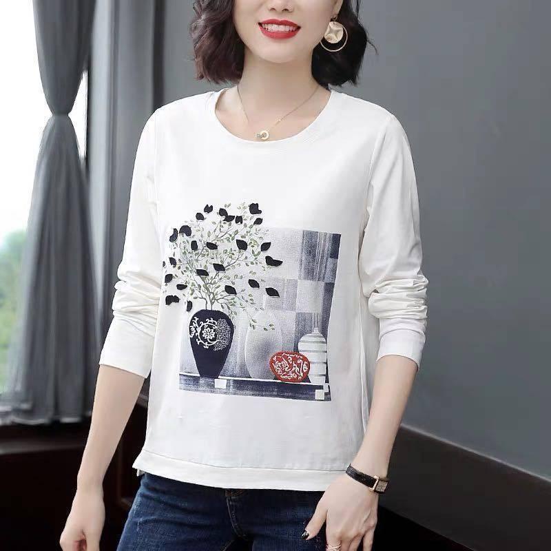 Áo thun tay dài cổ tròn in họa tiết thời trang cho phụ nữ trung niên