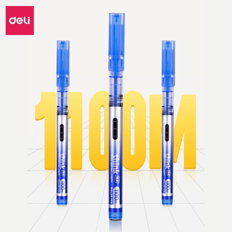 Bút Bi Nước Khô Nhanh Deli Ngòi 0.5mm - Nét Viết Trơn Tru, Có Vạch Mực Và Nắp Đậy - Ghi Chép Văn Phòng, Ký Tên EQ300-BL