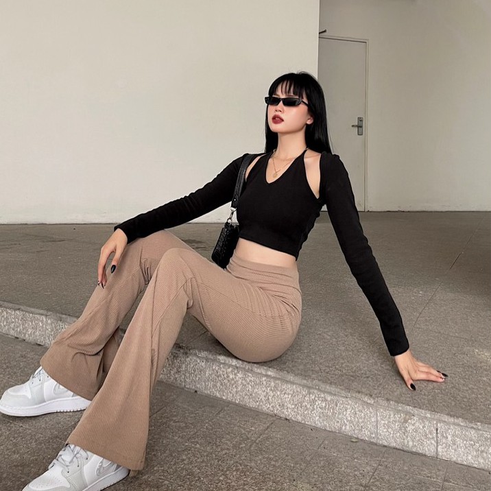 Quần thun nữ ống loe dáng dài TOPTIFY trơn kiểu dáng basic Flared Pants Q16