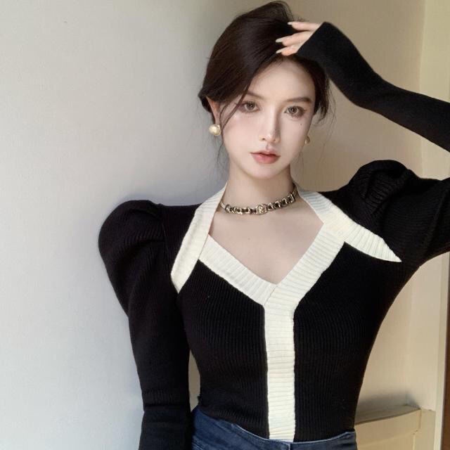 Cardigan Áo Len-Thiết kế cảm giác thích hợp tương phản màu sắc áo len dài tay của phụ nữ áo mới áo len mỏng nhẹ nhàng kết hợp tất cả các kết hợp