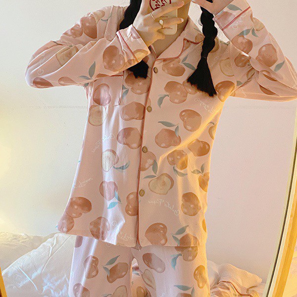 Bộ ngủ pijama dài tay hoạt tiết trái đào vải cotton tổng hợp những hình cute
