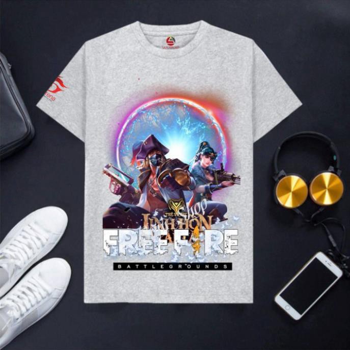 VHL Store [SIÊU RẺ] Áo Free Fire cotton cổ tròn màu ghi xám cực chất Nữ cầm kiếm nam đeo tai nghe VHL Store