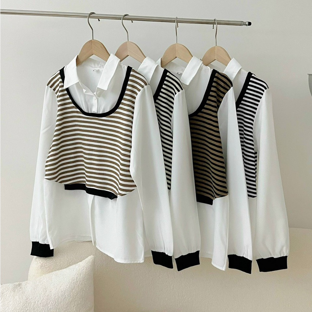 Áo sơ mi kiểu nữ, Áo sơ mi cổ đức dáng rộng phối gile kẻ chất thun gân style Hàn Quốc