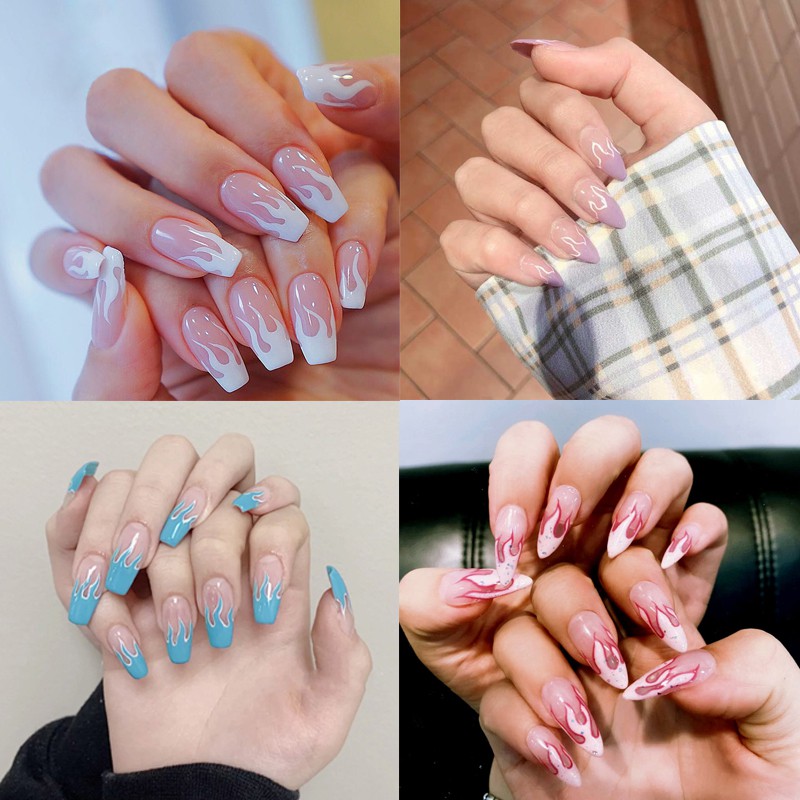Bộ 24 móng tay giả họa tiết ngọn lửa độc đáo hợp thời trang