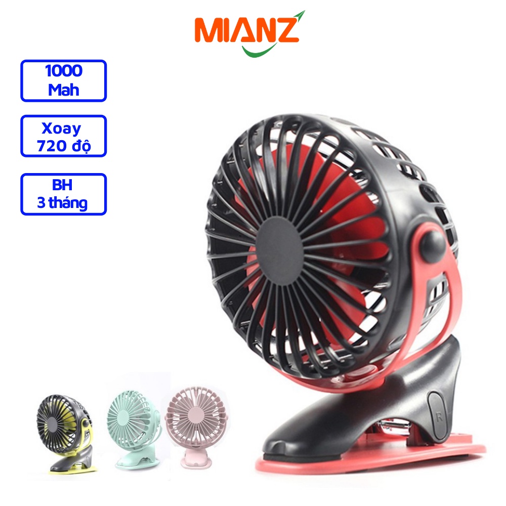 Quạt tích điện mini cầm tay để bàn - Mini fan quạt cho bé dùng pin tối đa đến 15h kẹp xoay 720 độ - Mianz Store