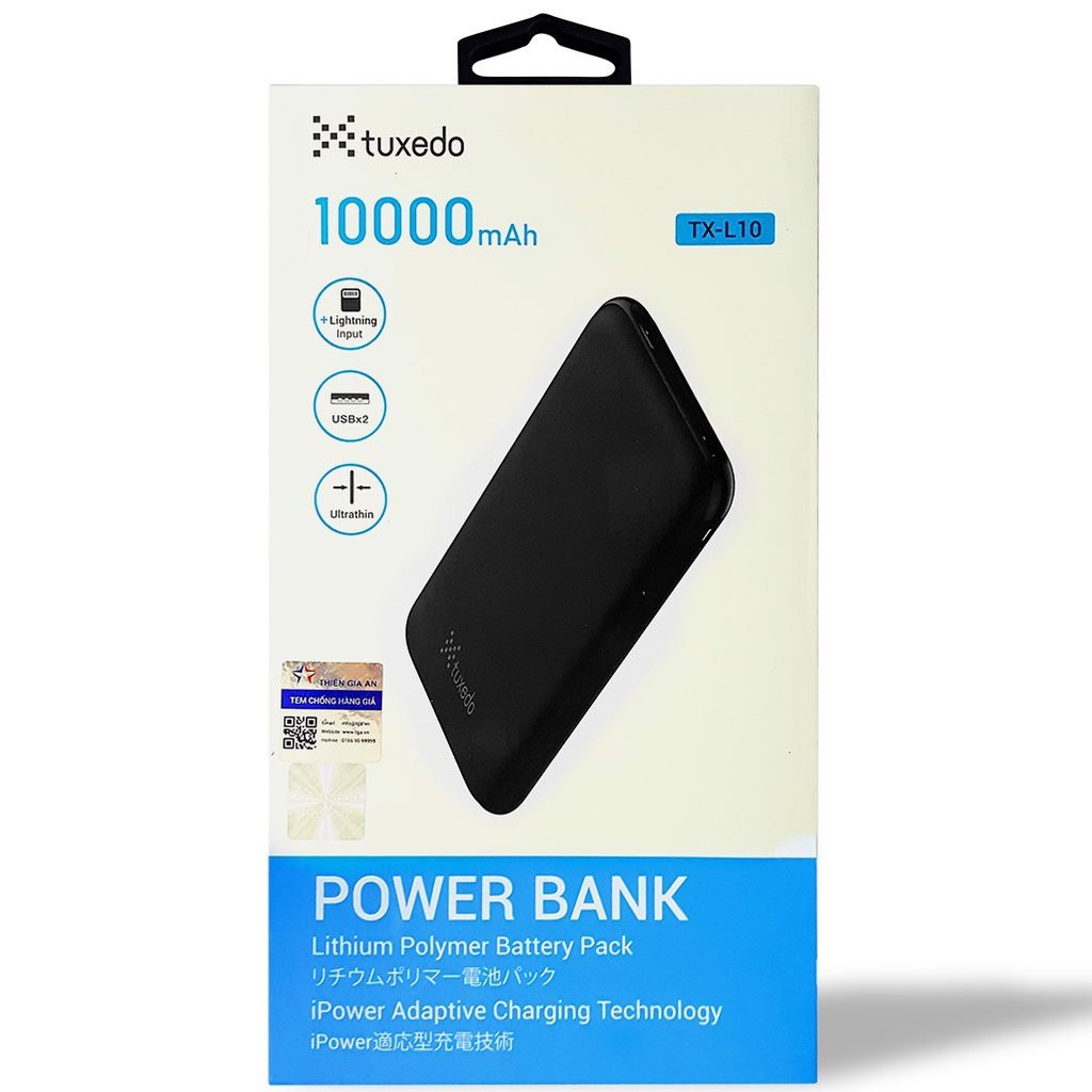 Pin sạc dự phòng Tuxedo TX-L10, siêu mỏng, tích hợp đầu vào Lightning & Micro USB, 10000 mAh