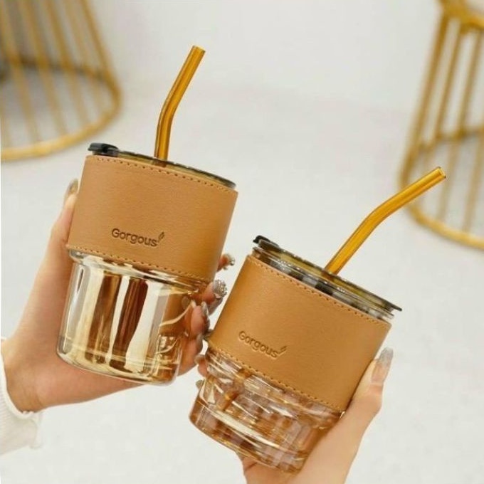 Cốc, ly thủy tinh bọc da 450ml kèm ống hút, chống bỏng chống rò rỉ cách nhiệt tốt