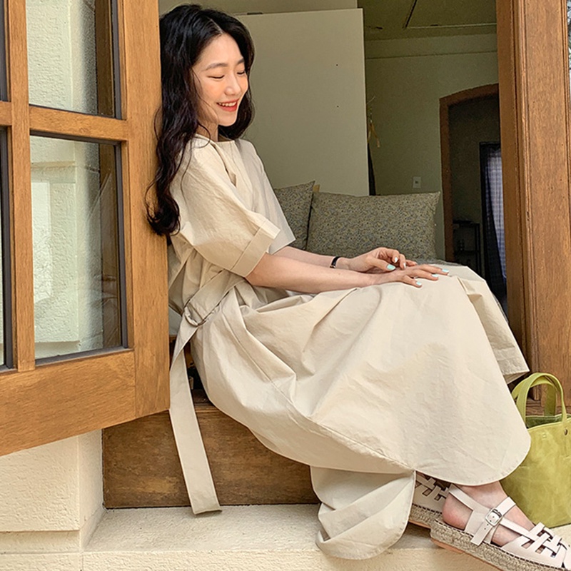 Váy vải thô cộc tay suông rộng dài thiết kế gài đai lưng 1 nửa eo style vintage Hàn Quốc