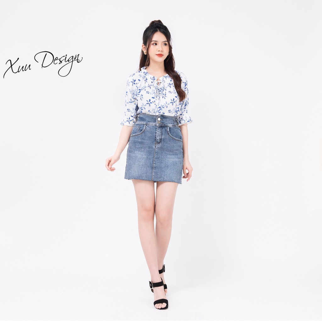 Áo kiểu nữ hoa nhí cổ bèo thắt nơ phong cách nữ tính - Xuu Design Xu15