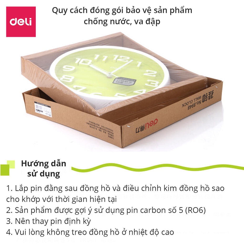 Đồng hồ treo tường kim trôi Quazt cao cấp Deli - 9005 - không tiềng ồn, đẹp tinh tế - vpp Diệp Lạc (sỉ/lẻ)