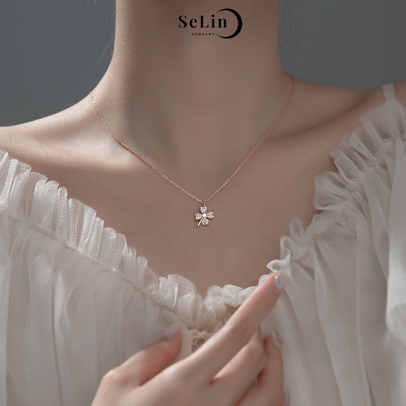 Vòng cổ bạc SELIN JEWELRY dây chuyền bạc nữ 925 cỏ bốn lá đính đá lấp lánh nữ tính